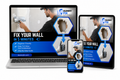 Promotional graphic for 'Dummy Fix' wall repair service on laptop, tablet, and smartphone.