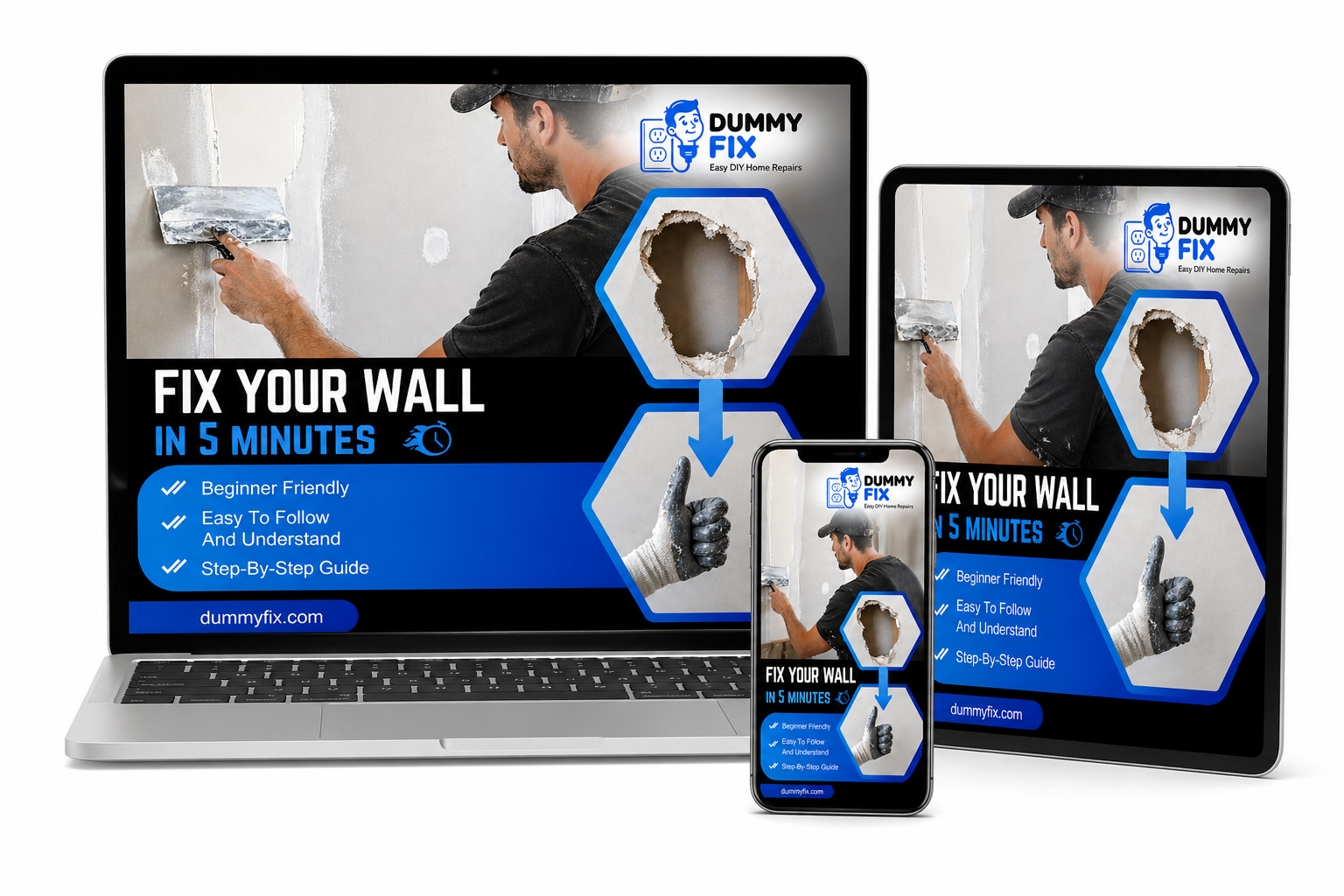 Promotional graphic for 'Dummy Fix' wall repair service on laptop, tablet, and smartphone.