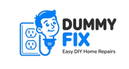 Logo for 'Dummy Fix' with a cartoon character holding a light bulb near an electrical outlet on a white background.